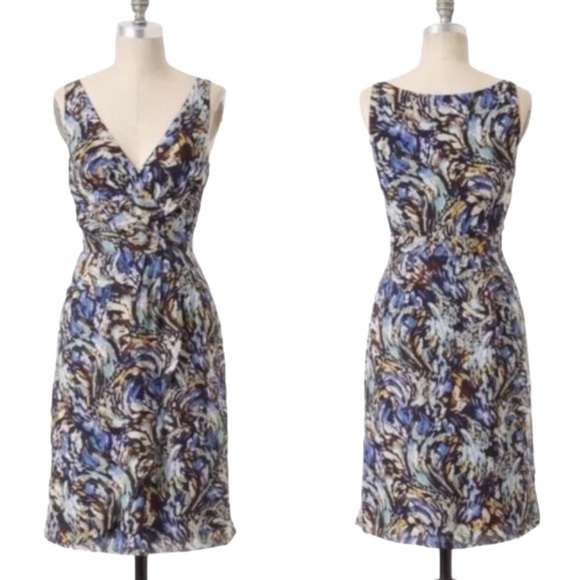 Anthropologie Moulinette Soeurs Silk Oak Apple Blue Faux Wrap Midi Dress - 12 - Picture 6 of 14